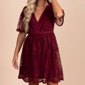 Bella Ella Light My Fire Burgundy lace mini dress.